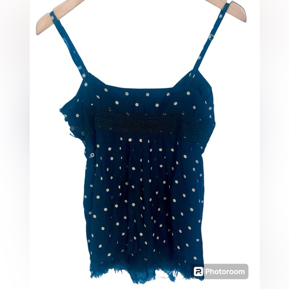 Joie VTG Y2K Navy Polka Dot Babydoll Crochet Trim Cami Top Size S - Picture 2 of 10